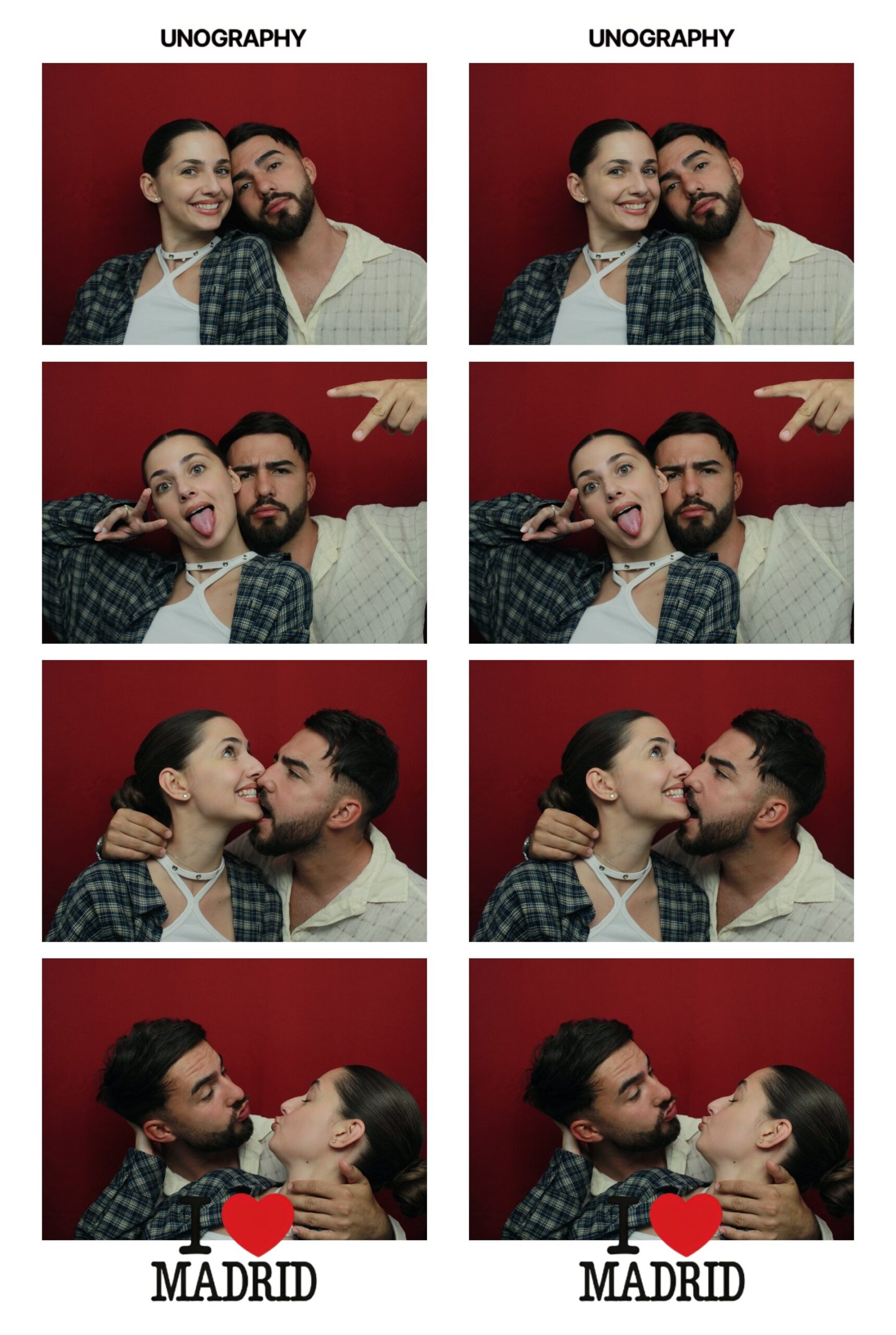 Couple kissing in a photobooth in Madrid, printed photo strips with an I love Madrid frame